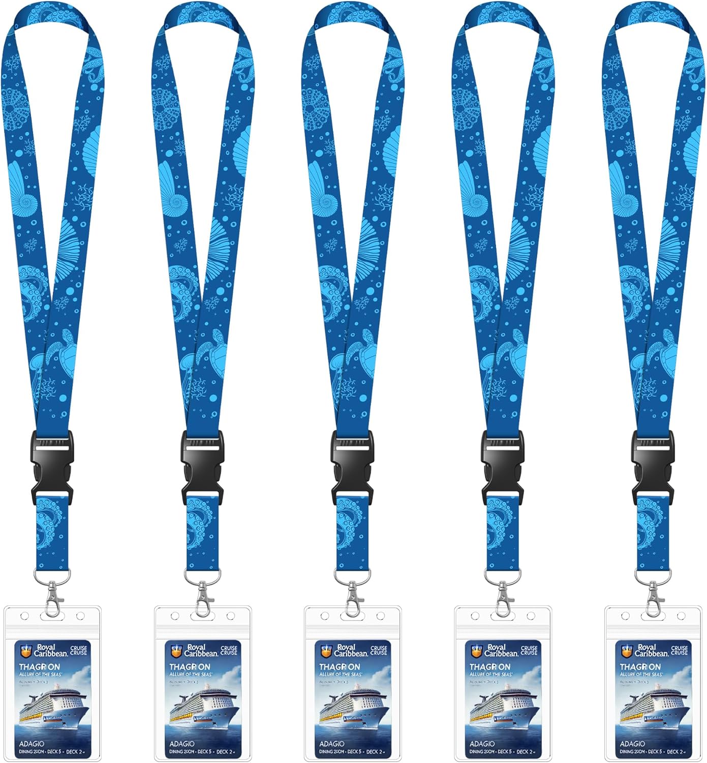 5 Pack Cruise Lanyards with Ocean Creature Design, Cruise Ship Lanyards with Waterproof ID Badge Holders for All Cruise Lines 2025, Light Blue