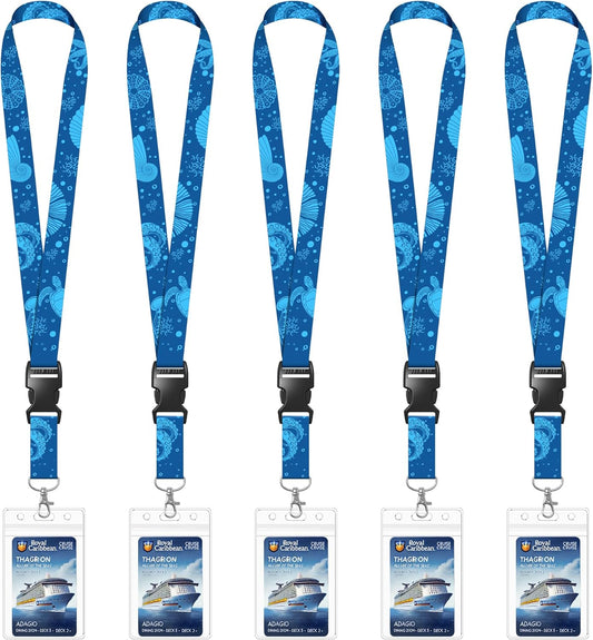 5 Pack Cruise Lanyards with Ocean Creature Design, Cruise Ship Lanyards with Waterproof ID Badge Holders for All Cruise Lines 2025, Light Blue