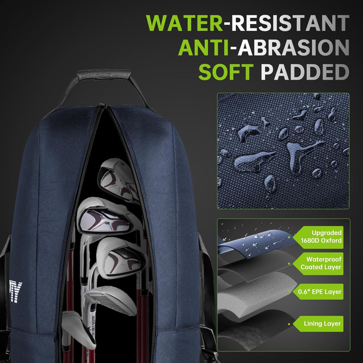 Padded Golf Club Travel Bag with Wheels, Golf Luggage Case Cover for Airlines - 1680D Wear-Resistant Oxford, Waterproof Coating Layer, Universal Size