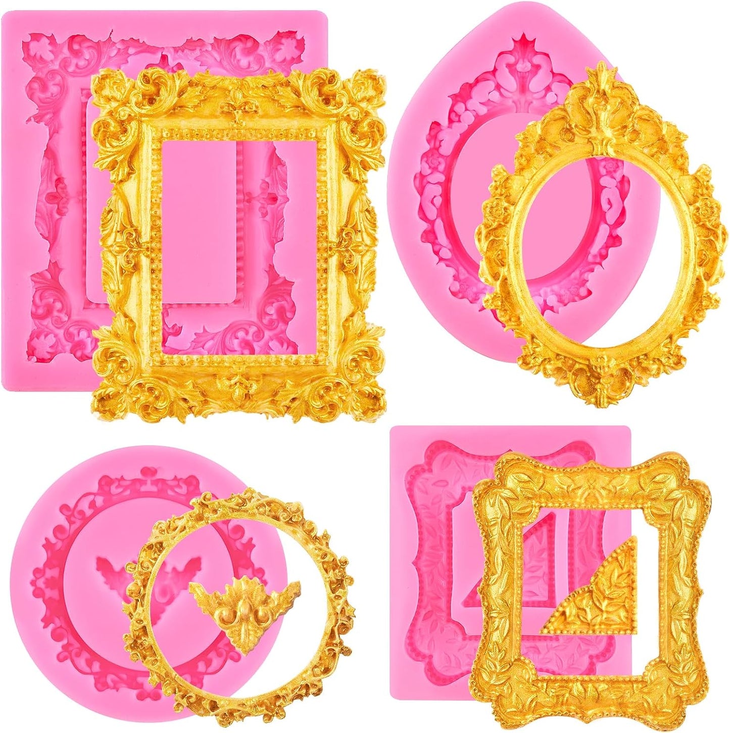 4 Pcs Photo Frame Silicone Molds, Vintage Picture Photo Frames Fondant Molds for Cupcake Topper, Chocolate, Candy, Donut Cake Puck Decoration and Clay Craft Making