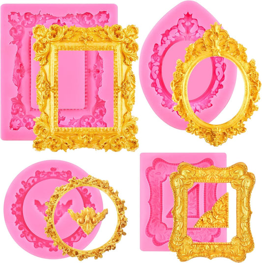 4 Pcs Photo Frame Silicone Molds, Vintage Picture Photo Frames Fondant Molds for Cupcake Topper, Chocolate, Candy, Donut Cake Puck Decoration and Clay Craft Making