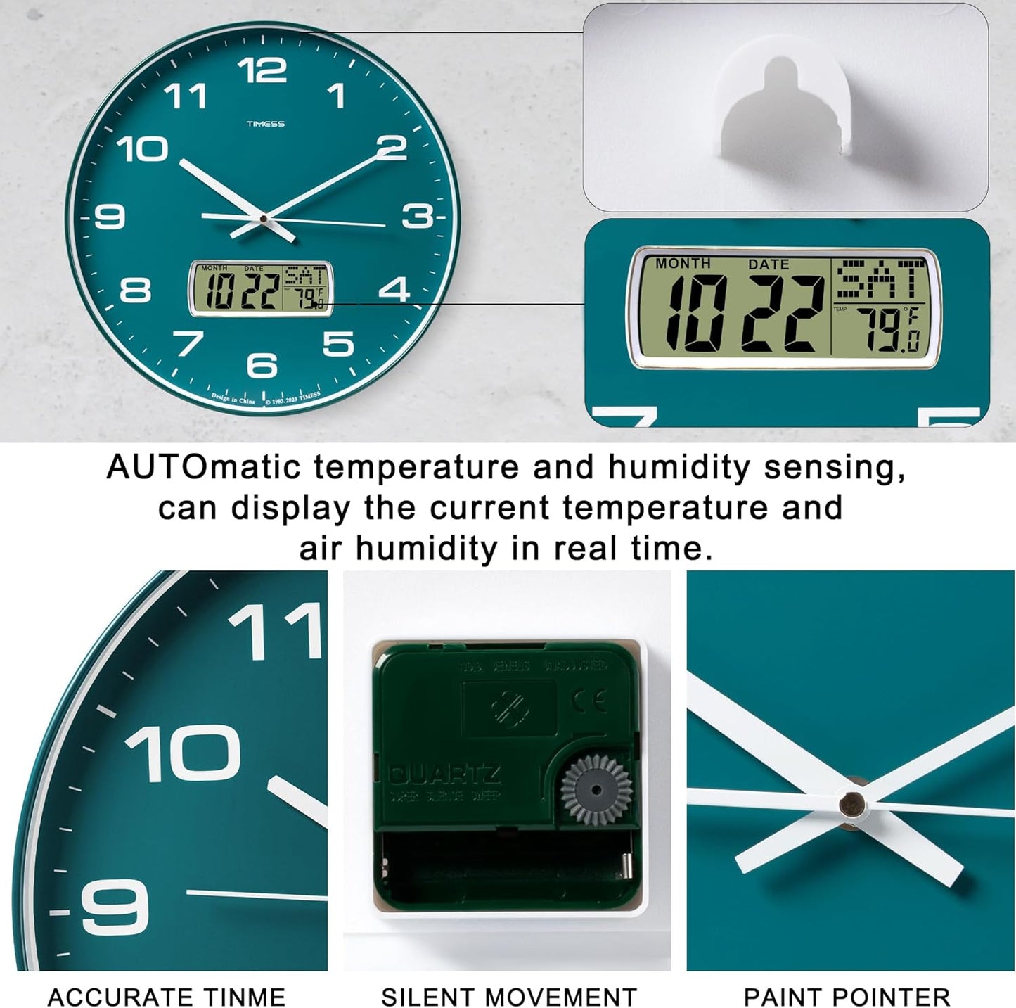 Wall Clock, 14" Large Dial Non-Ticking Silent Battery Operated Analog with LCD Display for Perpetual Calendar and F° Temperature, Ideal Modern Home, Bedroom, Kitchen, Office Decor(Green)