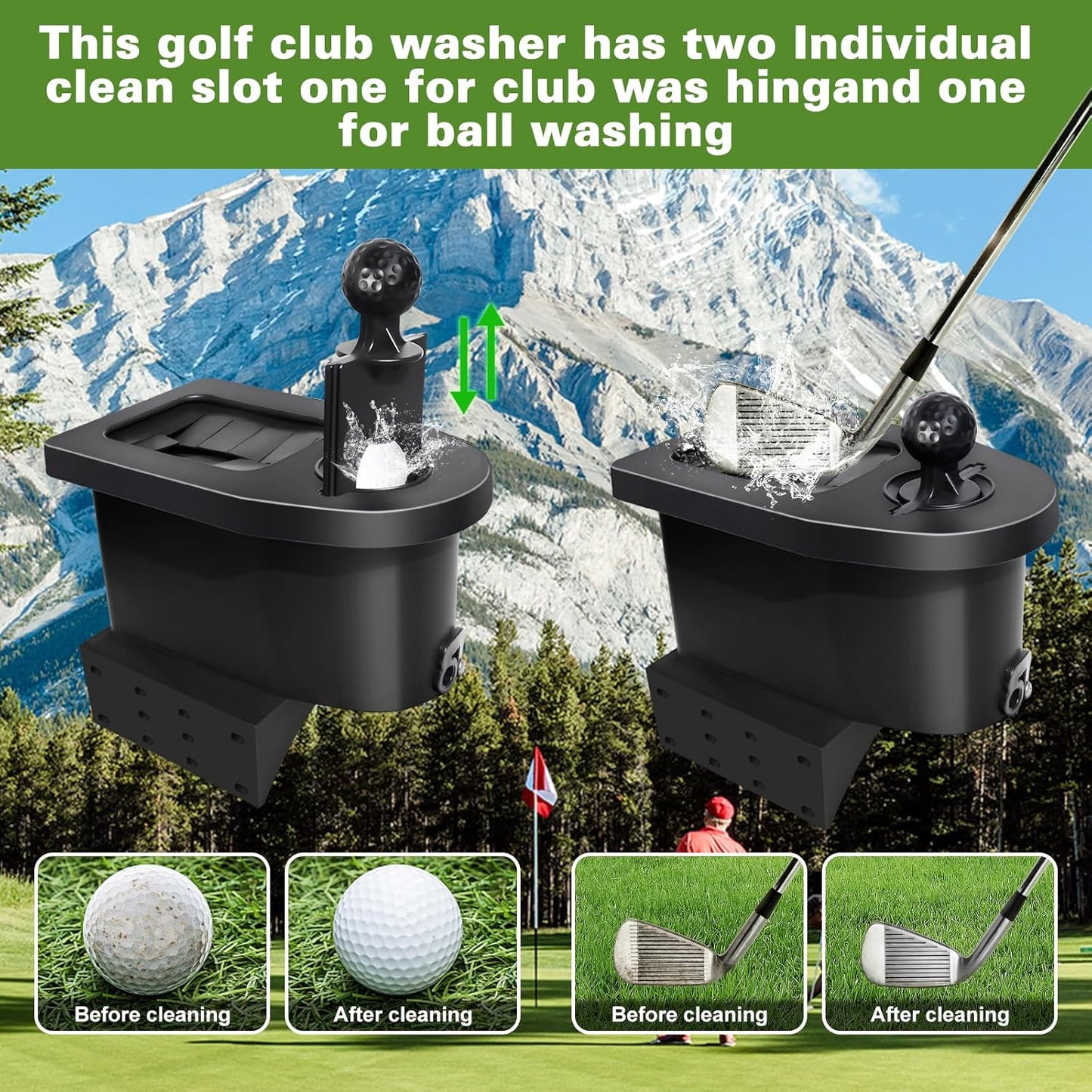 Golf Cart Ball Washer and Club Cleaner Kit with Side Bracket, Golf Ball Washer Cleaner for EZGO, Club Car, Yamaha, Advanced EV, Star EV, Universal & Detachable