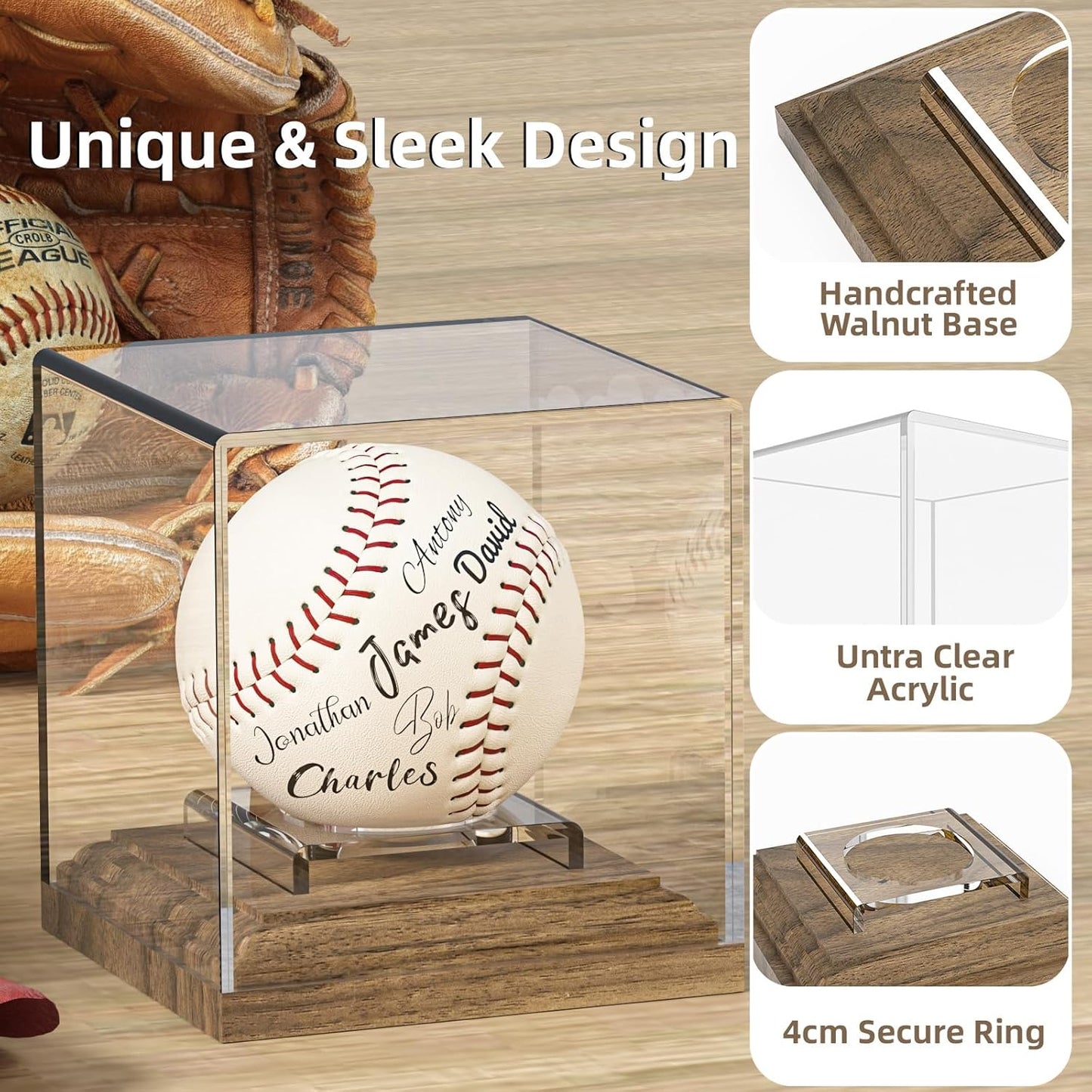 Baseball Case Display for Balls Walnut Wood Base Acrylic Baseball Display Case Baseball Holder Stand Cube Memorabilia Showcase Autograph Ball Protector for Official Size Ball Display