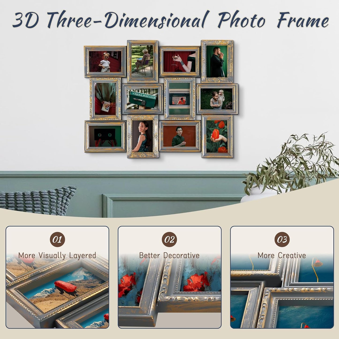 Jerry & Maggie 12 Opening Collage Photo Frame Rustic 23×18 Vintage Embossed Finish PVC Picture Frames Selfie Gallery Collage Wall Hanging For 6×4 Photo, Vintage