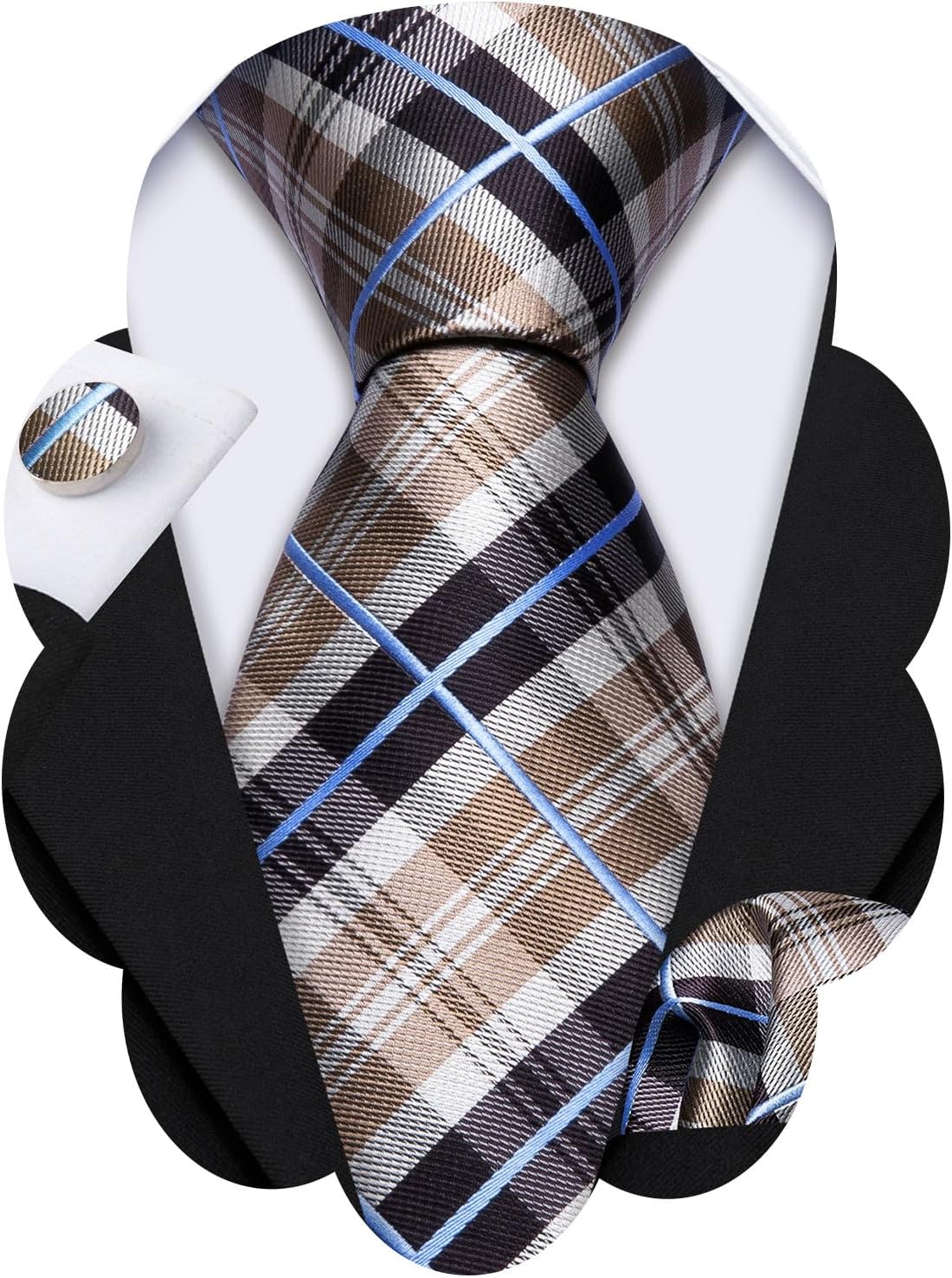 Barry.Wang Designer Classic Ties for Men Set Formal Pocket Square Cufflink Check Plaid