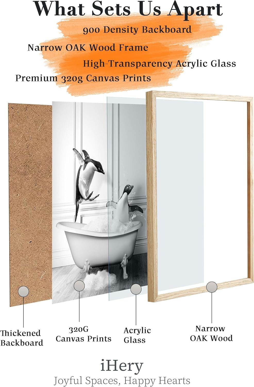 iHery Natural OAK Wood Framed Wall Art, 12x16 in Funny Bathroom Wall Art Decor, Penguin Bathing Animals Canvas Prints, Black and White Wall Decor Pictures For Bedroom Living Room Set of 1