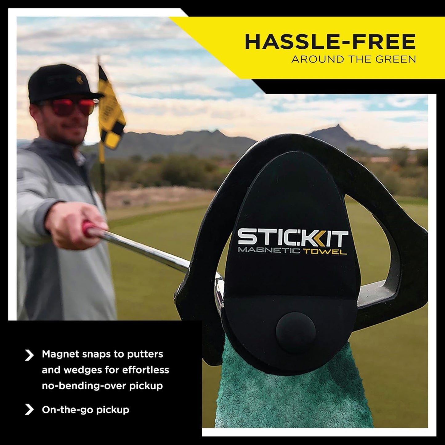STICKIT Magnetic Golf Towel, Premium 29" Microfiber with Deep Waffle Pockets, Industrial Strength Magnet for Secure Hold to Golf Carts & Clubs, Ultra-Absorbent, Fast-Drying, Easy-Clean