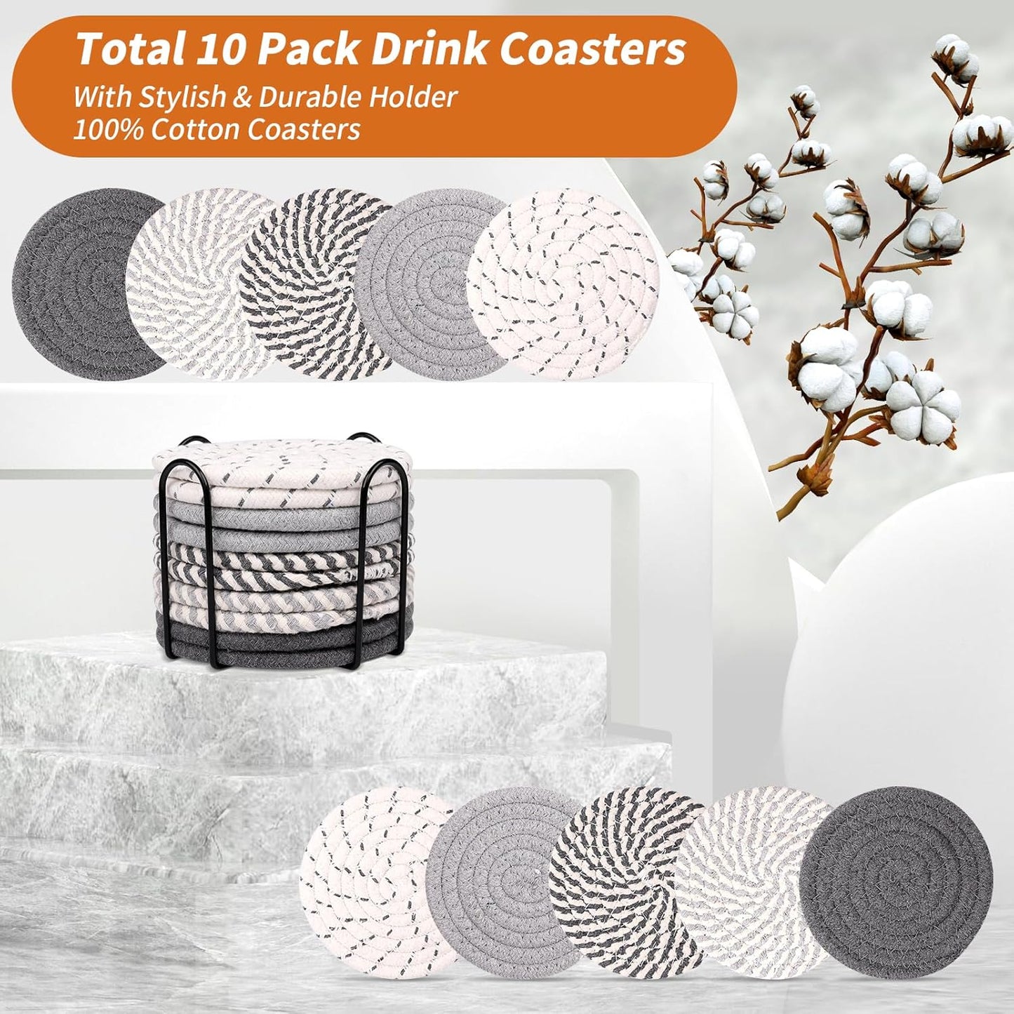 Mckanti 10 Pcs Round Cotton Coasters with Holder, 5 Colors Absorbent Drink Coasters for Home Decor, Grey