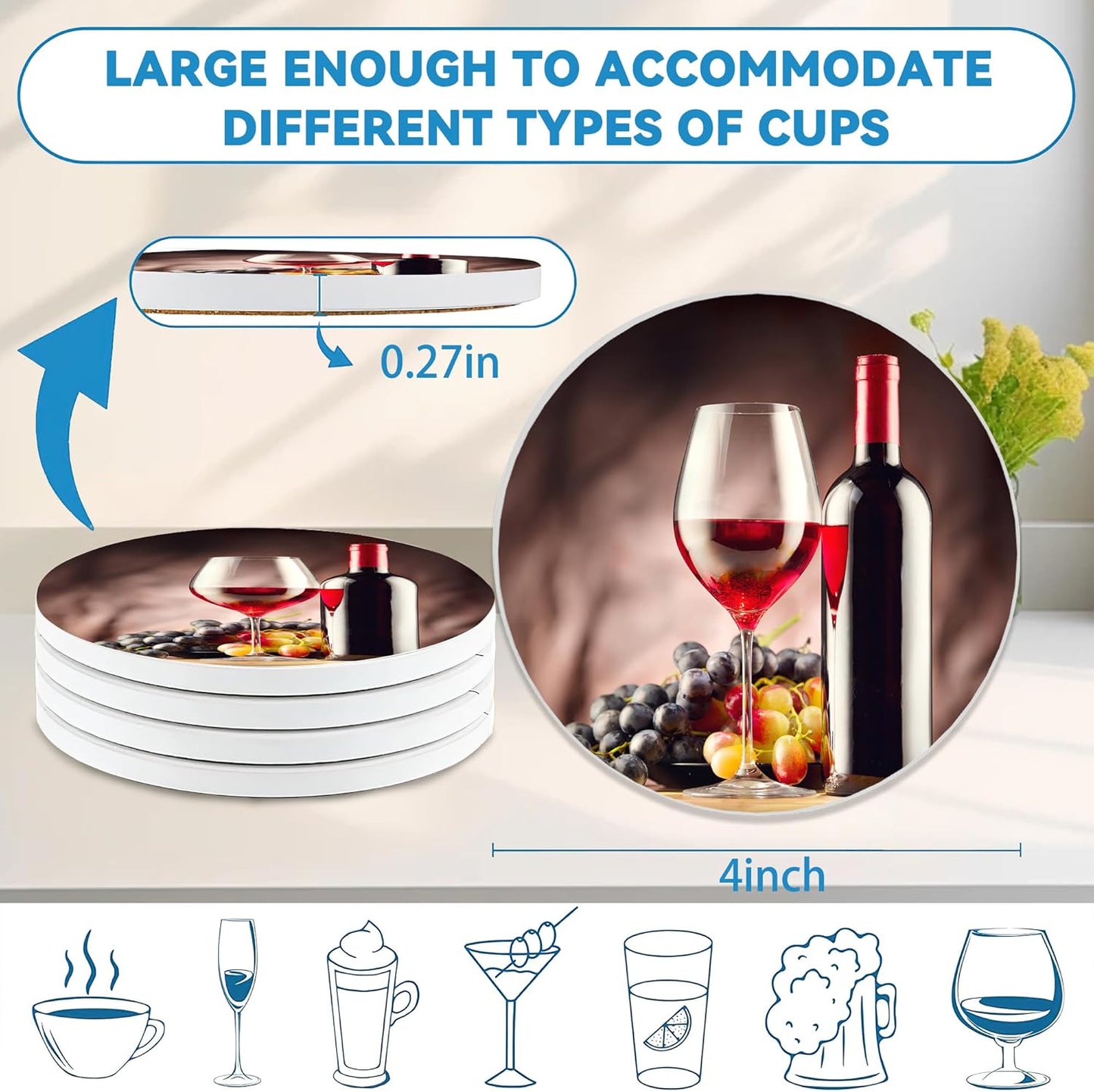 Drinks Coasters Set of 4, Wine Glass Round 4" Cup Coasters, Absorbent Ceramic Stone Coasters with Cork Base, Cute Coasters for Table Home Décor, Ideal Gifts for Women Men