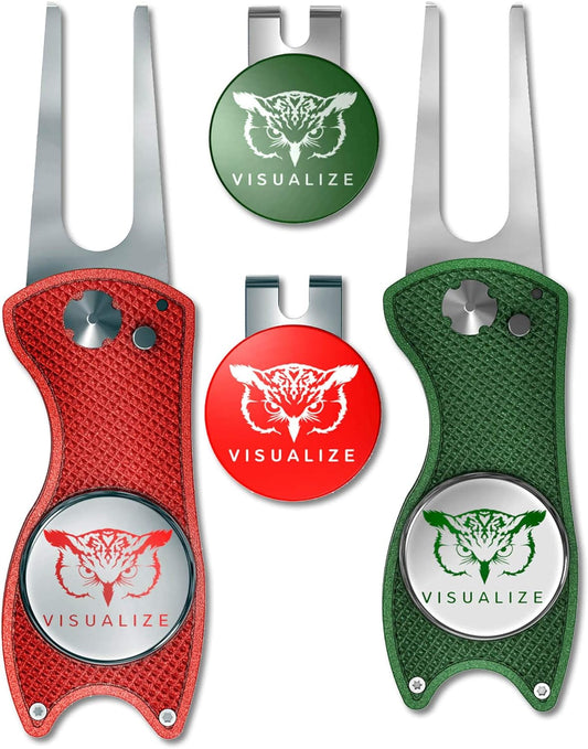 VISUALIZE Elite Switchblade Golf Divot Repair Tool Set with Ball Marker - Sturdy Anodized Aluminum - Perfect Golf Accessory Gift