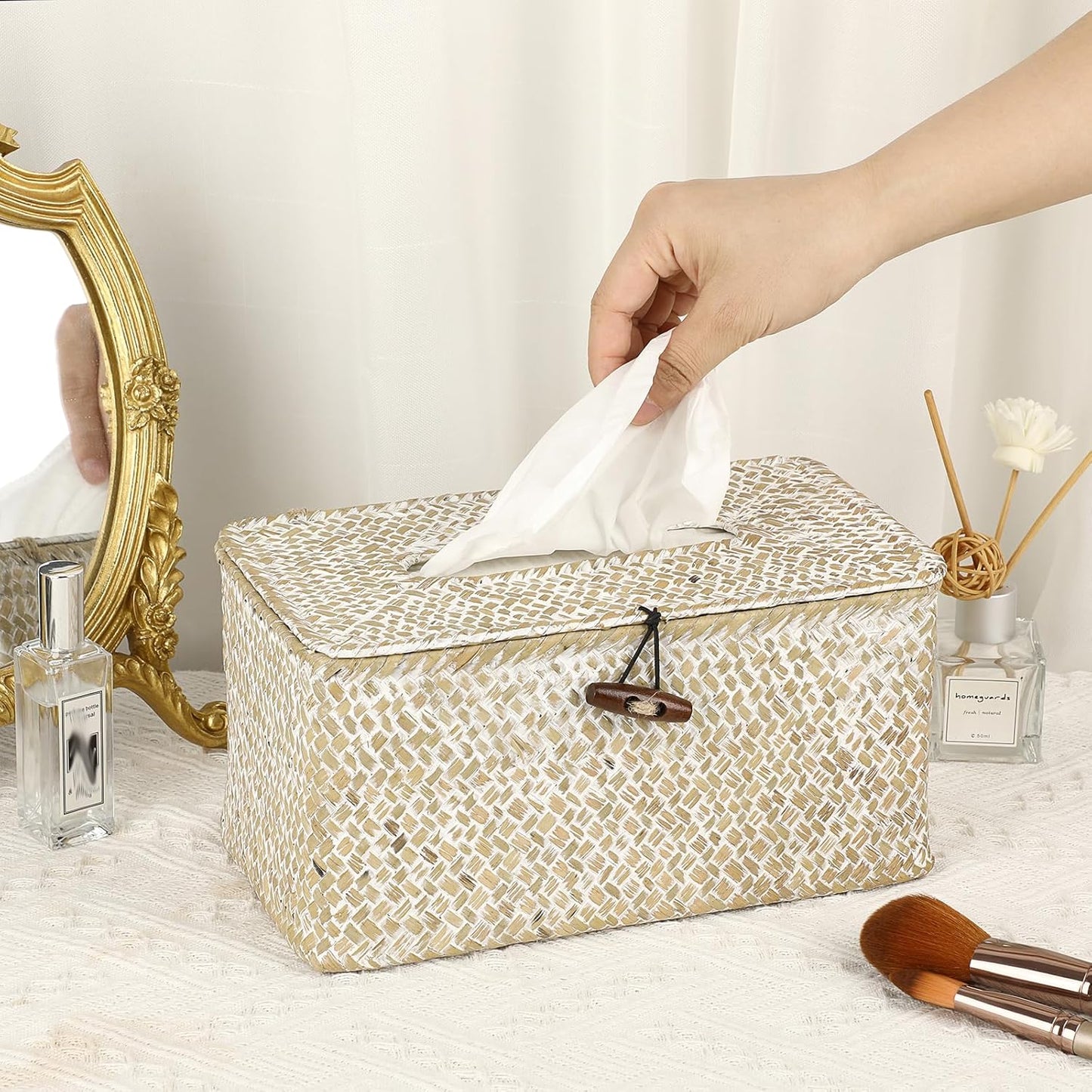 Sumnacon Tissue Box Cover-Large Rectangle Tissue Box Seagrass Tissue Box Holder Woven Tissue Holder Decorative Tissue Cover for Bathroom Tissue Box Cover Rectangular for Home Office Table Whitewash