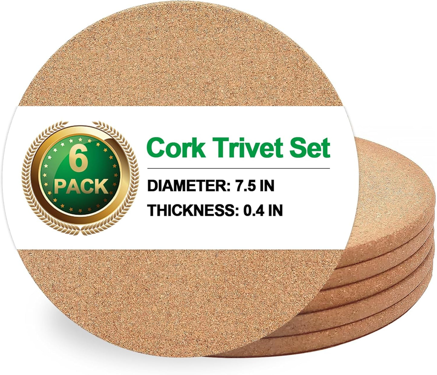 Cork Trivet, 6 Pack High Density Thick Cork Coasters Set for Hot Dishes, 7.5 Inch Heat Resistant Multifunctional, Hot Pads for Kitchen, Table, Countertops