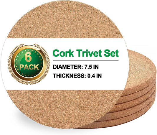 Cork Trivet, 6 Pack High Density Thick Cork Coasters Set for Hot Dishes, 7.5 Inch Heat Resistant Multifunctional, Hot Pads for Kitchen, Table, Countertops