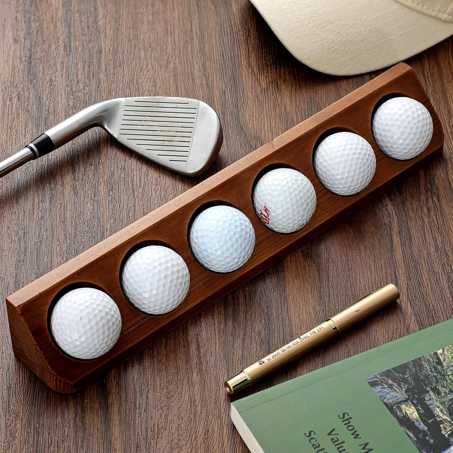 2 Pack Wooden Golf Ball Display Case 6 Standard Size Wall Mount Golf Ball Stand Holder Display for Collector Sport Memorabilia Accessories Gift (Walnut Color)