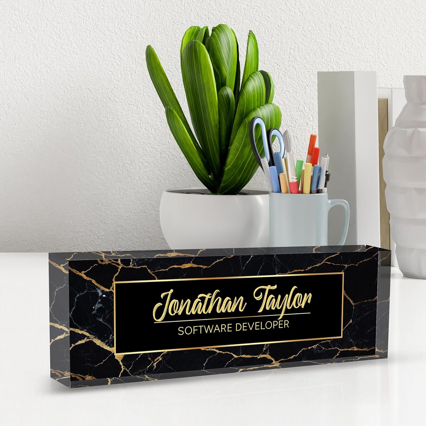 Custom Desk Name Plate Personalized, Acrylic Name Plate for Desk, Office Desk Decor for Women and Men, Employee Appreciation Gifts Office Gifts for Boss, Manager, Teacher, Nurse (Black Gold Marble)