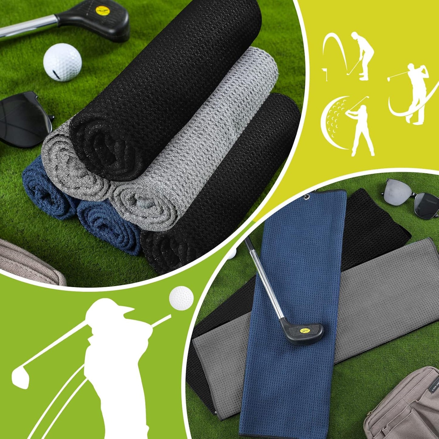 Cindeer 6 Pack Large Golf Towels, 16" x 24" Tri-fold Golf Towels, Microfiber Fabric Waffle Pattern Golfing Towel Portable with Heavy Duty Clip for Golfing Bag Remove Sand Dirt Mud Sweat(Dark Color)