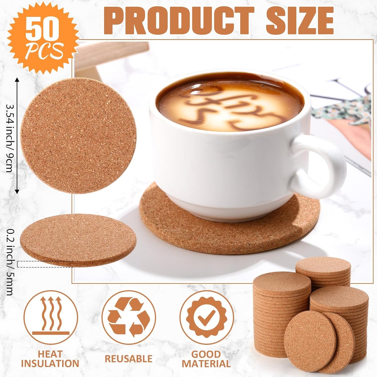 Lallisa 50 Pcs Cork Coasters for Drinks, Thick Absorbent Cork Coasters Bulk, Heat Resistant Plain Cup Mats for Gifts Reusable Circles Cup Pad for Wine Glass, Coffee Mug Crafts