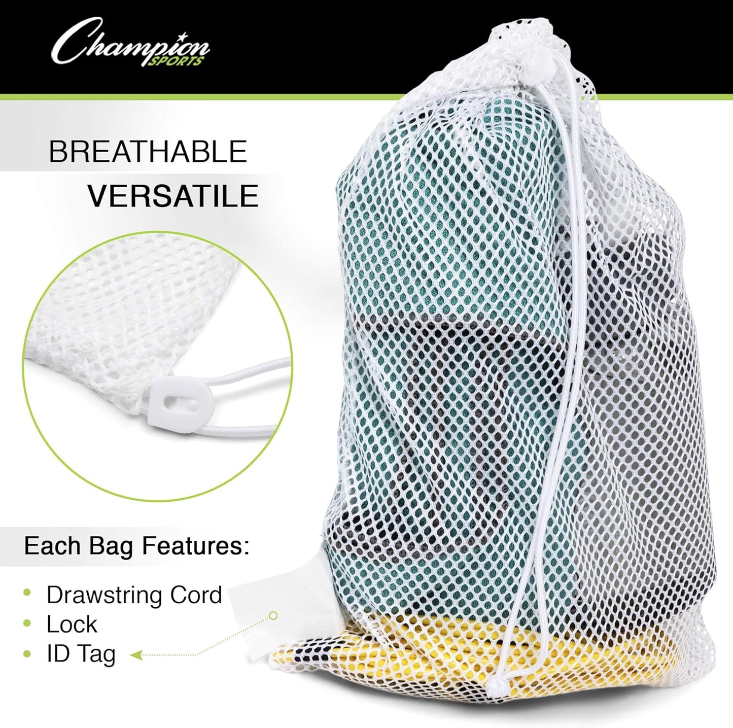 Champion Sports Mesh Equipment Bag – Heavy-Duty Nylon Drawstring Bag with Lock & ID Tag, Breathable Storage Sack for Balls, Swim Gear, Laundry & Toys, Multiple Sizes & Colors