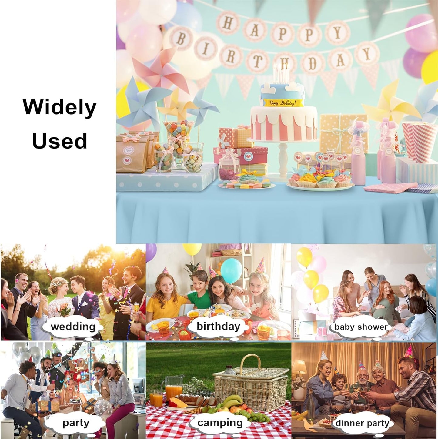 3 Pack Round Disposable Light Blue Tablecloth, Light Blue Plastic Table Cloths for Parties Disposable, 84x84 in Waterproof Camping Tablecloth for Birthday Party Baby Shower Picnic School