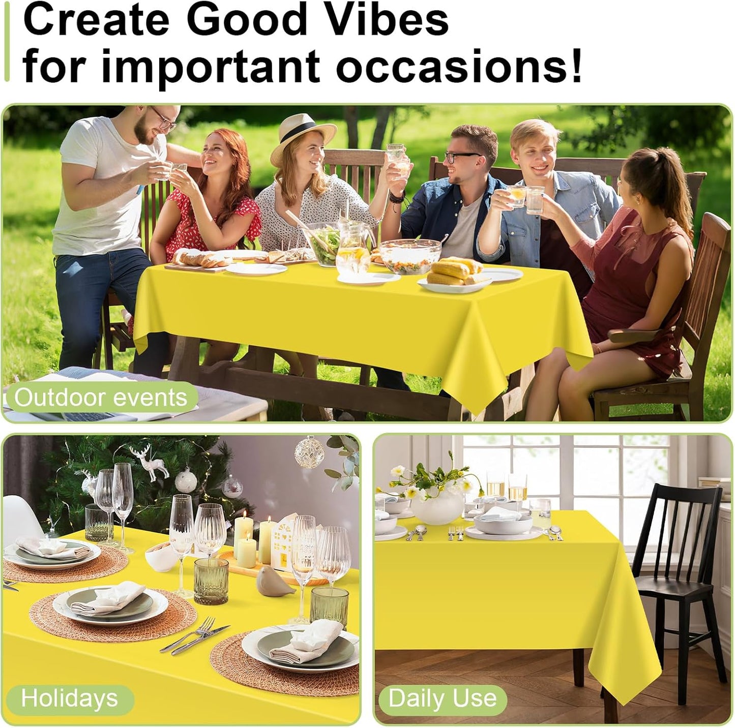 QIKSION Plastic Table Cloth Disposable 2 Pack, 54 x 108 Inch Tablecloths for Rectangle Tables, Yellow Plastic Table Cover