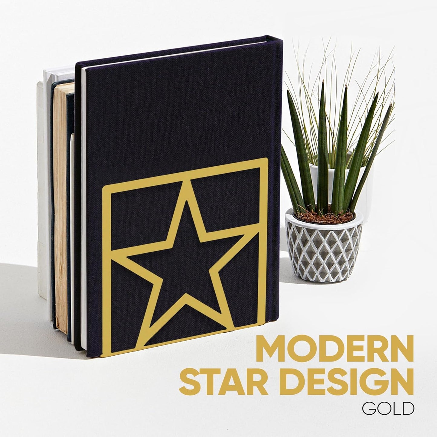 GEOMOD Star Gold Metal Bookends Decorative - Tall Sturdy Book Ends for Shelves - Modern Heavy Duty Bookend Stopper - Office or Home Book Shelf Book Holder - 6x3.2x6.3 Inches - 2 Pair