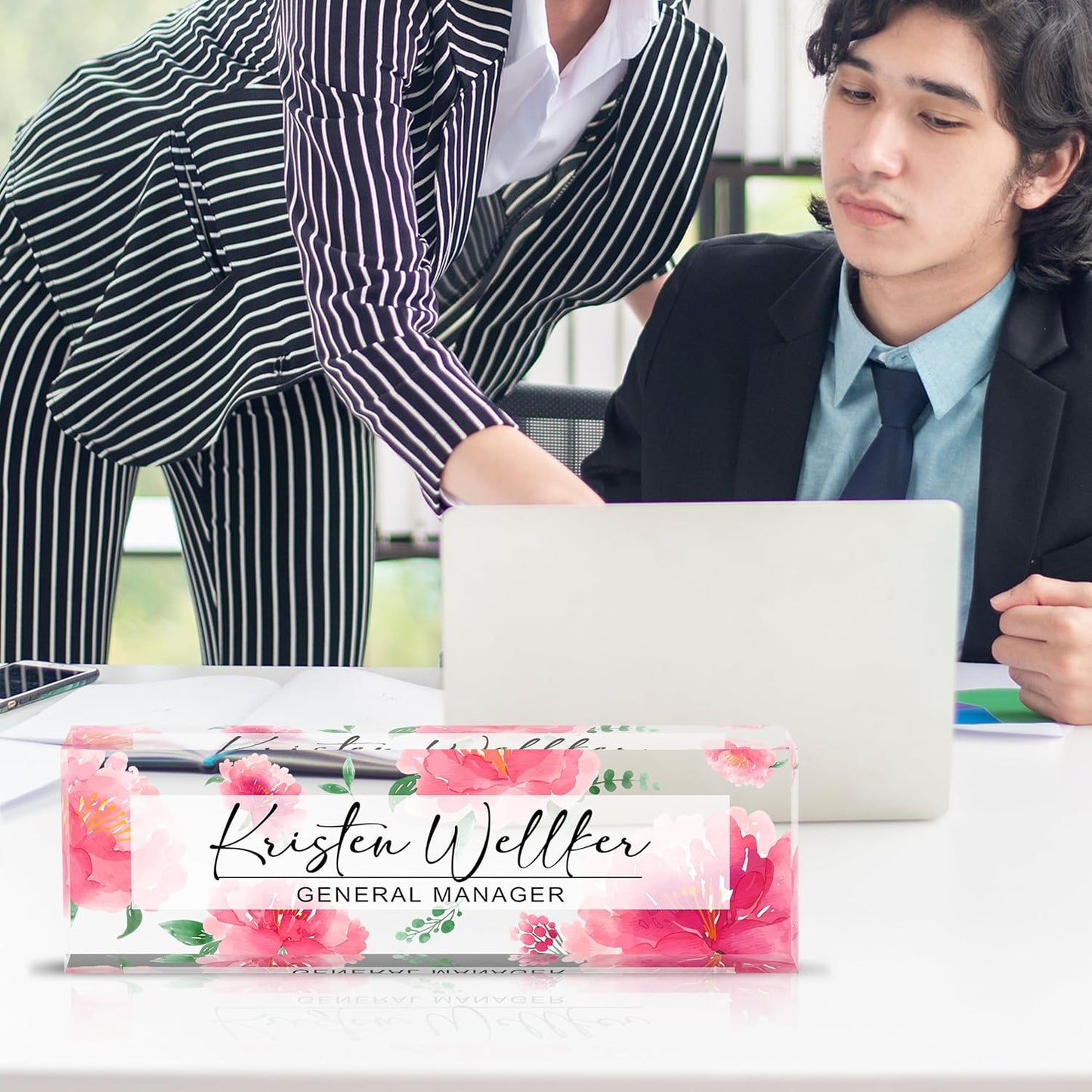 Personalized Name Plate for Desk Custom Acrylic Desk Name Plate Custom Employee Appreciation Gifts Office Gifts for Women, Men, Boss, Coworkers, Teacher, Nurse (Red Peony)