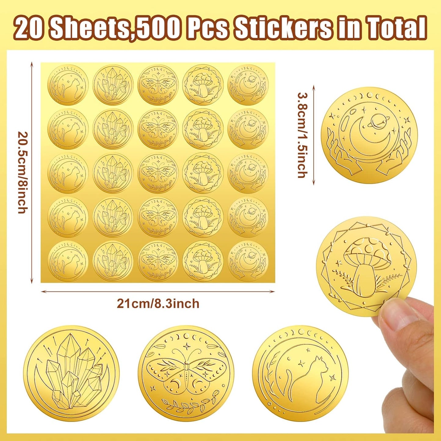 Chinco 500 Pieces Gold Embossed Envelope Seals Stickers Adhesive Seal Stickers Vintage Embossed Foil Certificate Kit Plant DIY Labels for Wedding Invitations Envelopes, 5 Patterns(Witchcraft Style)