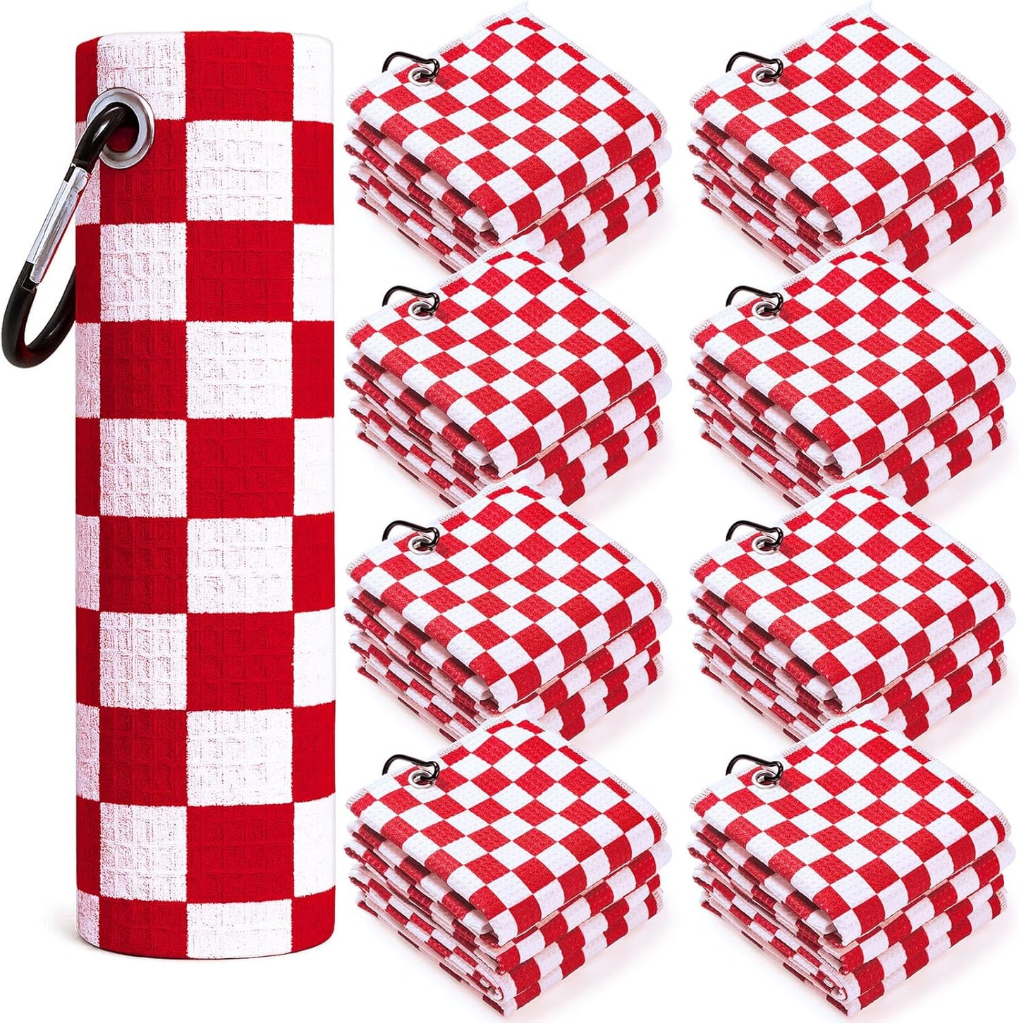 12 Pcs Golf Towels Bulk for Bags Microfiber Waffle Pattern Golf Towel with Clip 16'' x 16'', Ultra Absorbent Quick-Dry, Mini Tournament Yoga Fitness Men's Gifts(Ruby Red)