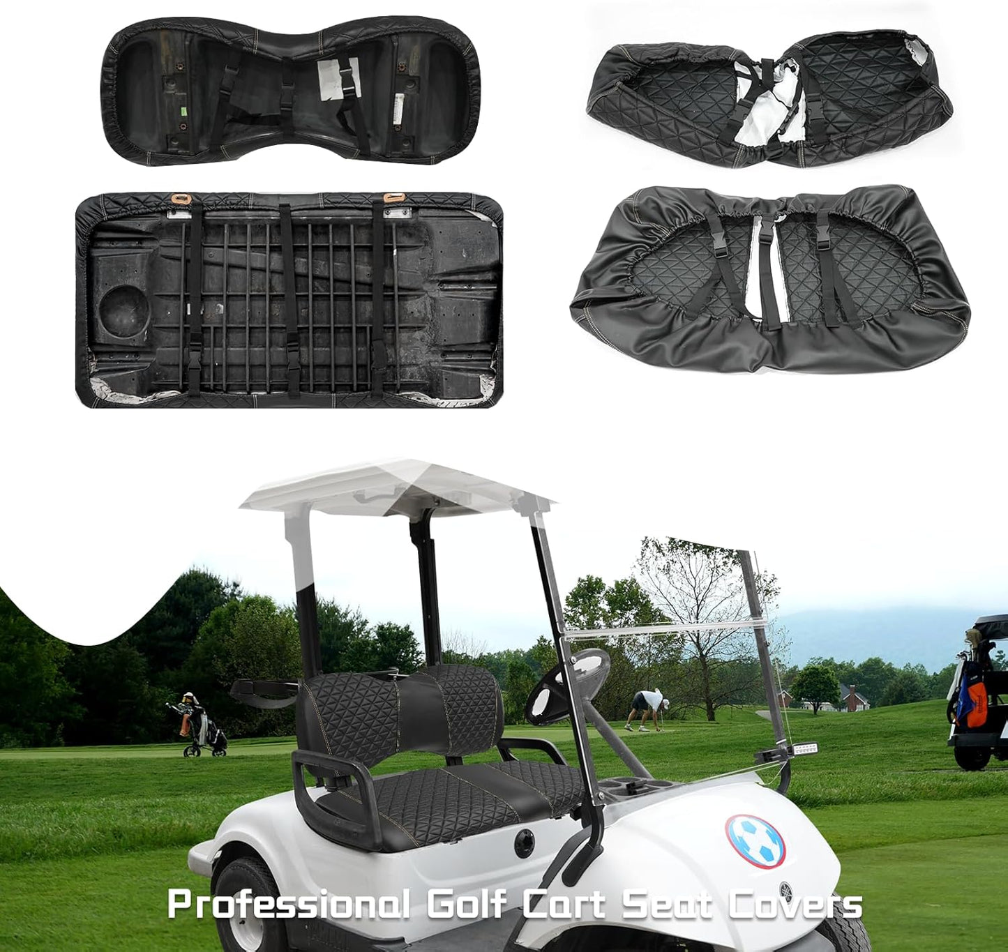 XUANYUDG0769 Golf Cart Front and Rear Seat Covers for EZGO TXT/RXV Club Car DS/Precedent Yamaha G29, Vinyl Leather Made/Adjustable Straps and Retractable Buckle/No Stapler Required,4PCS