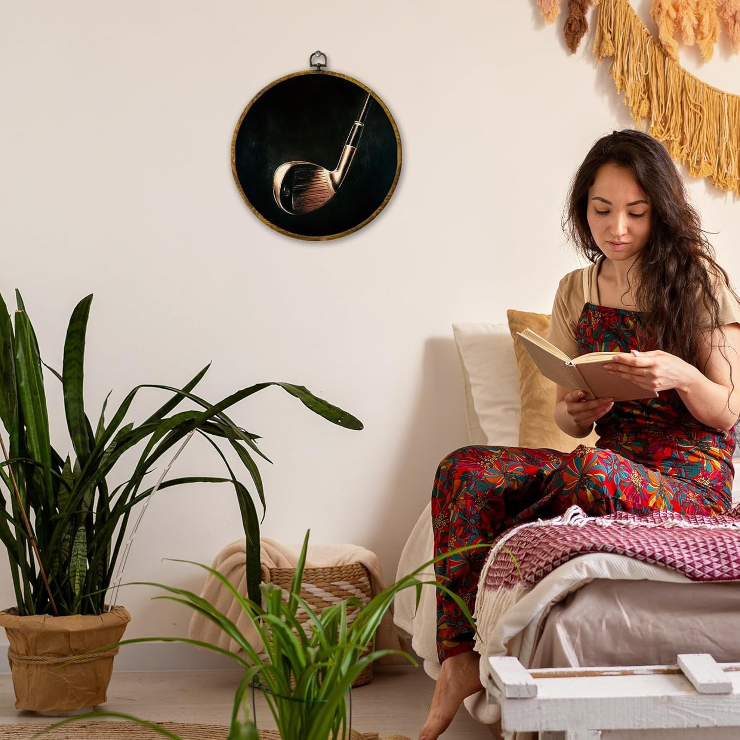 Vintage Golf Wall Art Decor, Golf Lover Gifts Framed Canvas Prints 10x10, Rustic Retro Classic Black Gold Golfing Pole Round Wall Hanging Artwork Decorations for Home Bedroom Gym Man Cave