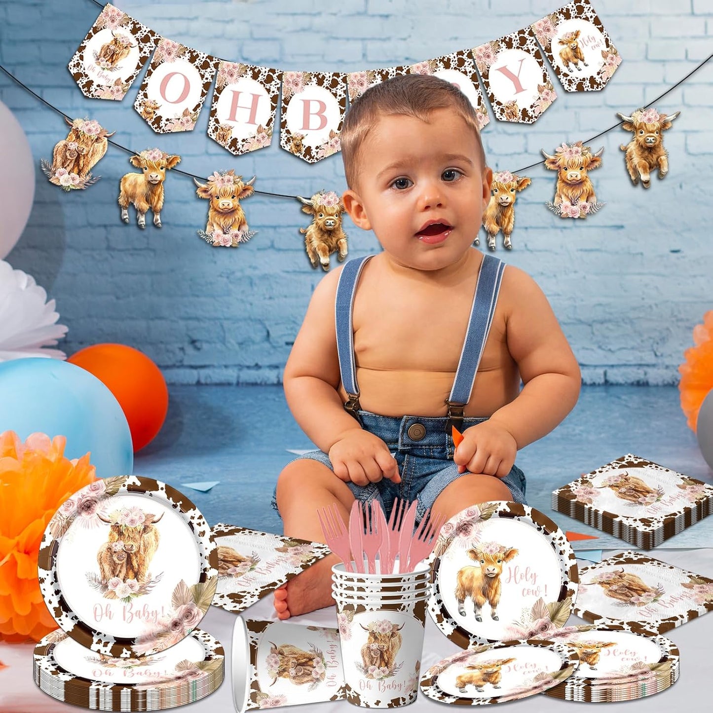 142Pcs Highland Cow Birthday Plates and Napkins,Highland Cow Baby Shower Decorations Western Theme Table Decorations for Baby Shower Party（20 Guests）