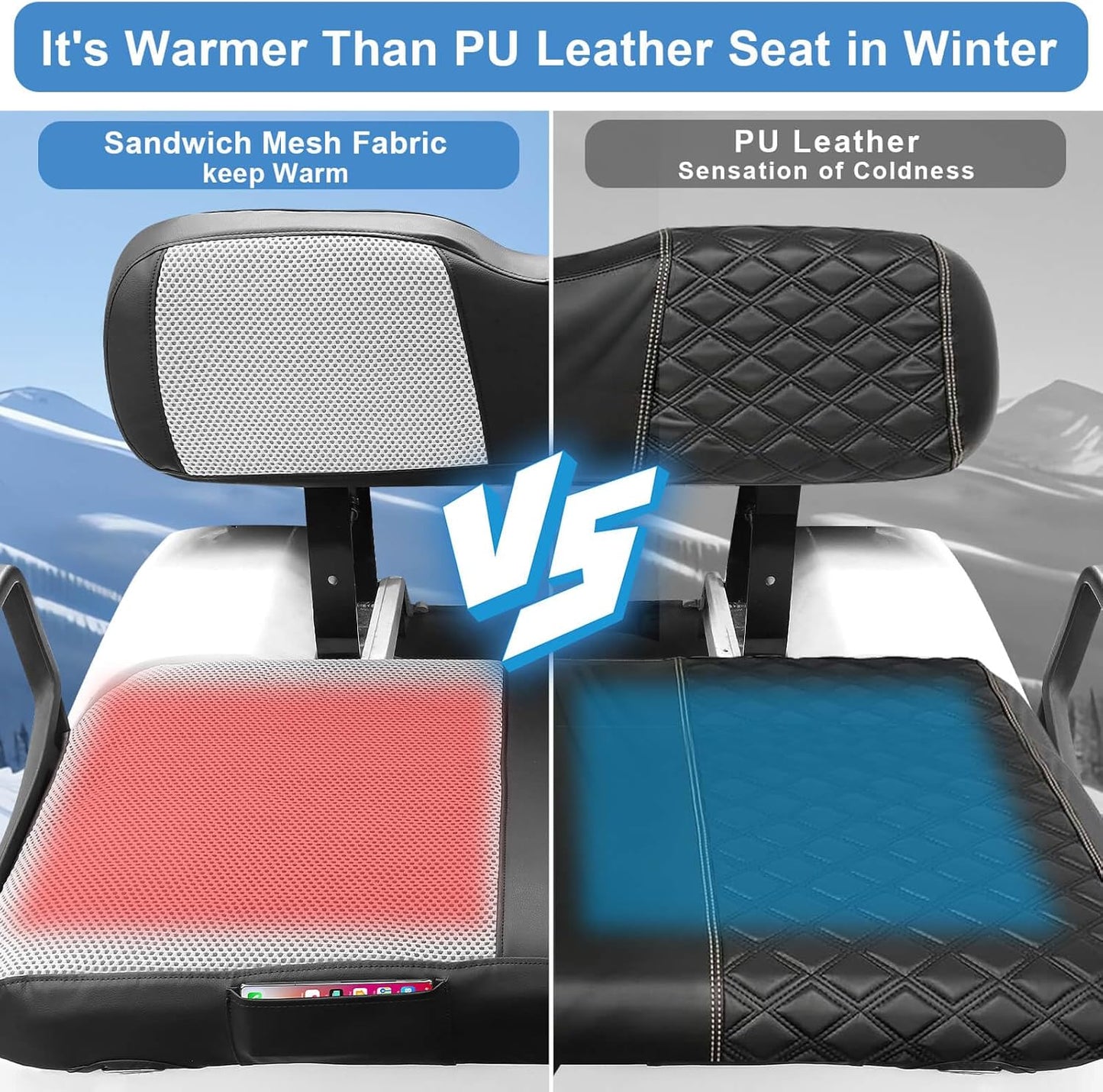 EZGO TXT Seat Cover, Golf Cart Front Seat Cover Fit for EZGO TXT 1994-2013 OEM Ordinary Seat Cushion, Breathable Polyester Mesh Cloth and Leather Combination Appearance, No Need Detaching Armrests