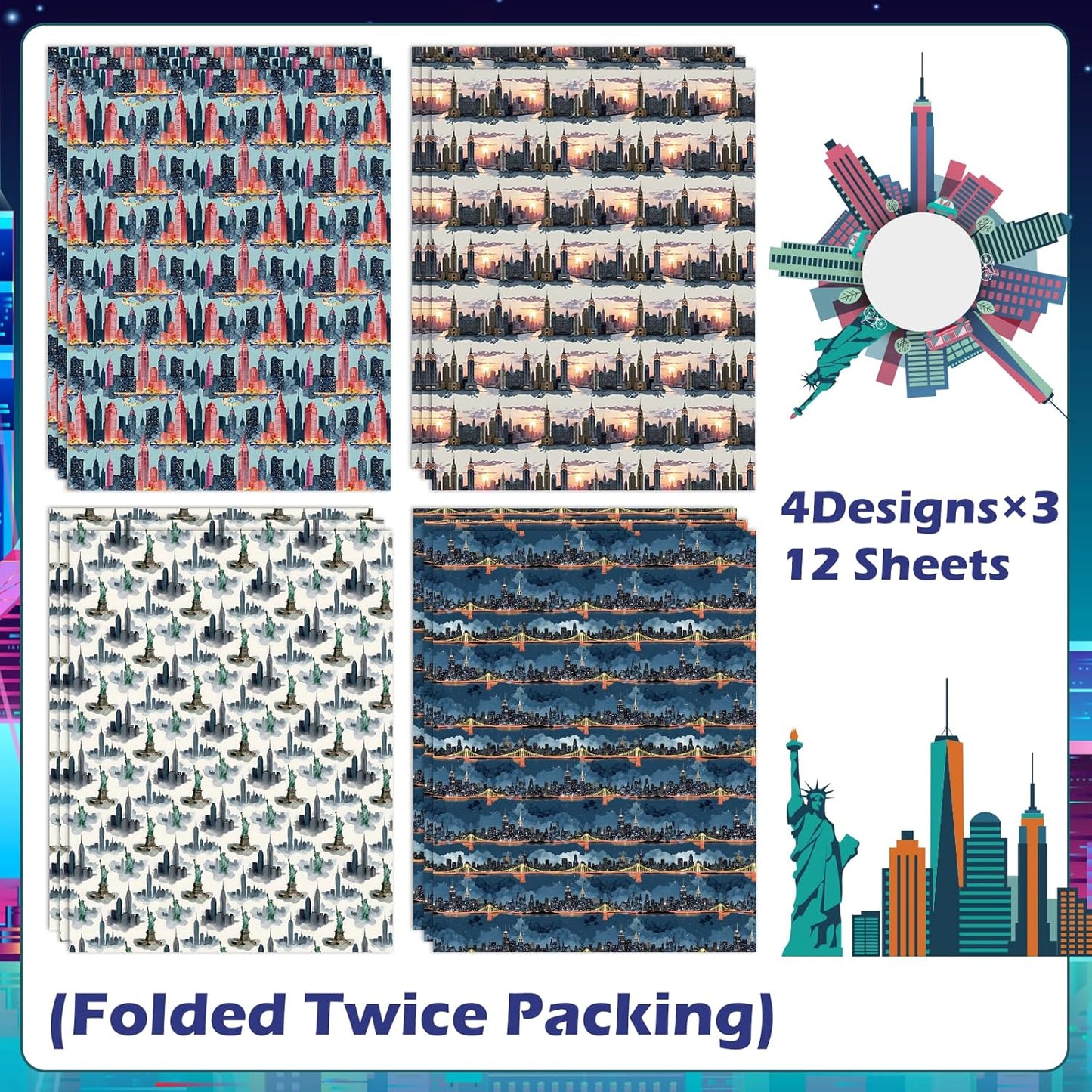Pineraap New York City Wrapping Paper 12 Sheets Watercolor Skyline Themed Gift Wrap for NYC Lovers,Tourists,20"x28"