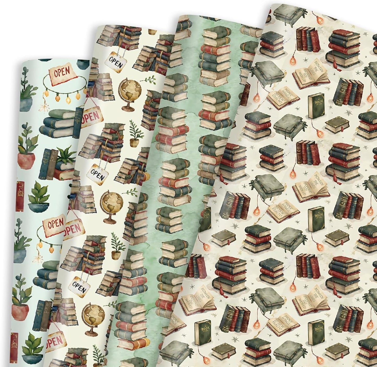 Pineraap Bookish Wrapping Paper 12 Sheets Watercolor Vintage Book Themed Designs Gift Wrap for Book Lovers, Librarians, Bookstores, 20"×28"