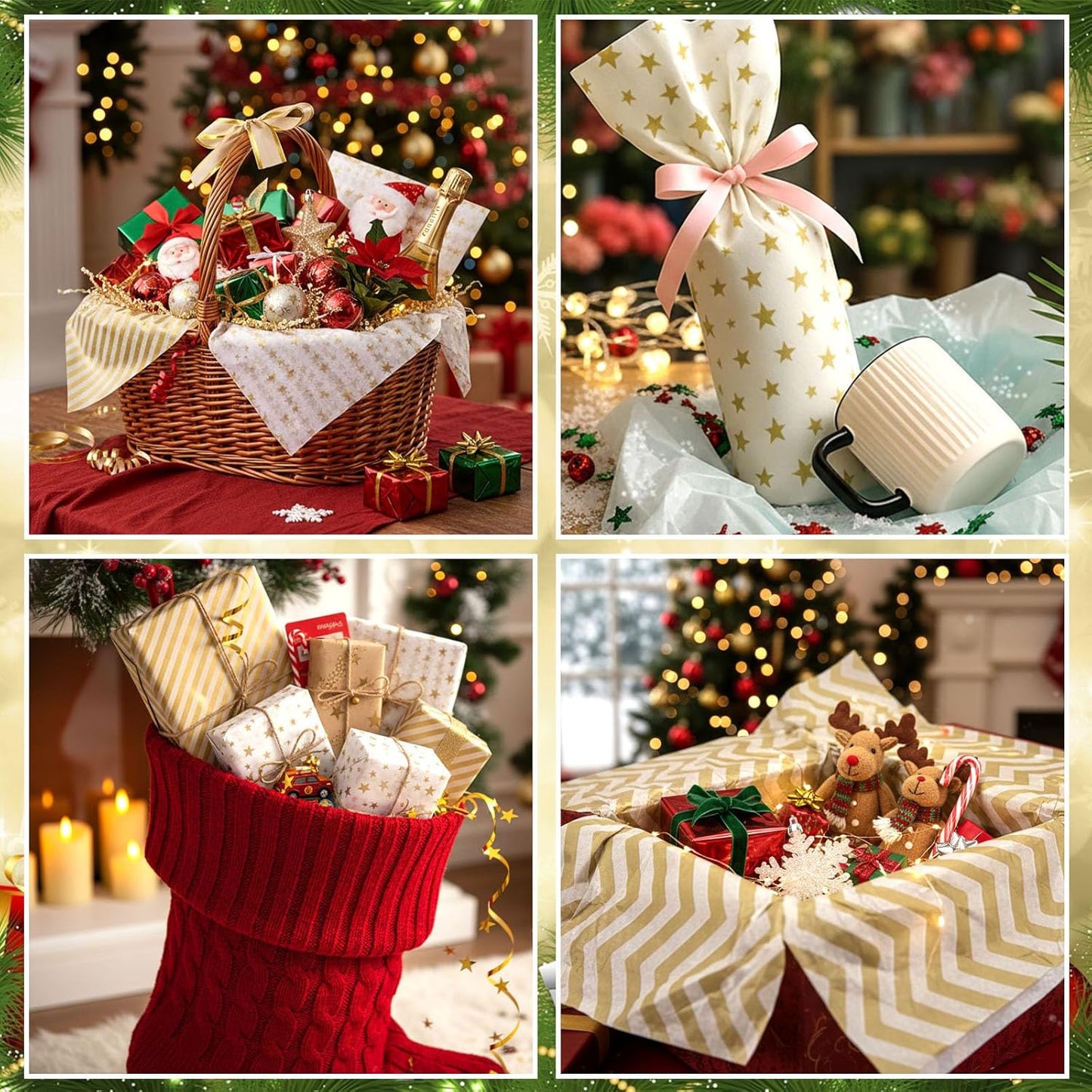 Koogel 100 Sheets Tissue Paper, 20 x 14 Inch White Gold Tissue Paper for Gift Bags, Stars and Stripes Pattern for Christmas Gift Wrapping and DIY Crafts