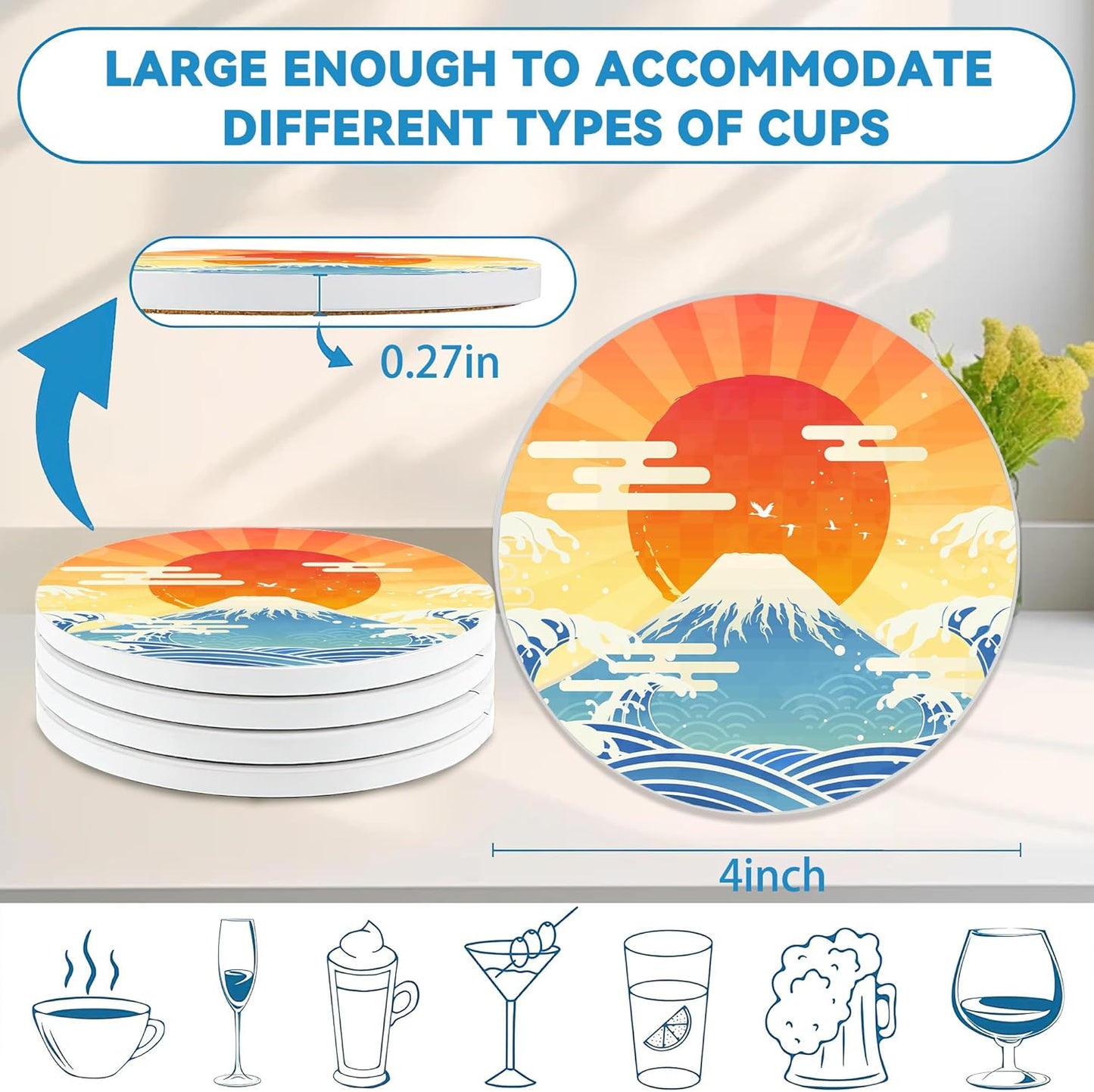 Drinks Coasters Set of 4, Japanese Style Sun Round 4" Cup Coasters, Absorbent Ceramic Stone Coasters with Cork Base, Cute Coasters for Table Home Décor, Ideal Gifts for Women Men