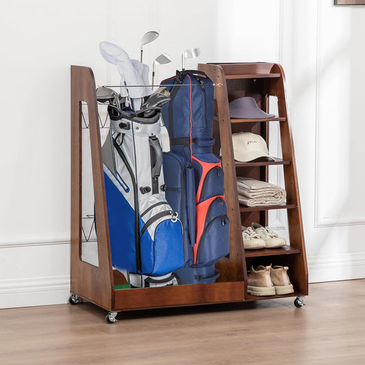 Wooden Golf Bag Organizer and Storage Rack, Wooden 2 Golf Bag Rack with Drawers, Easy to Assemble Golf Club Holder/Stand with Club Holders on Side