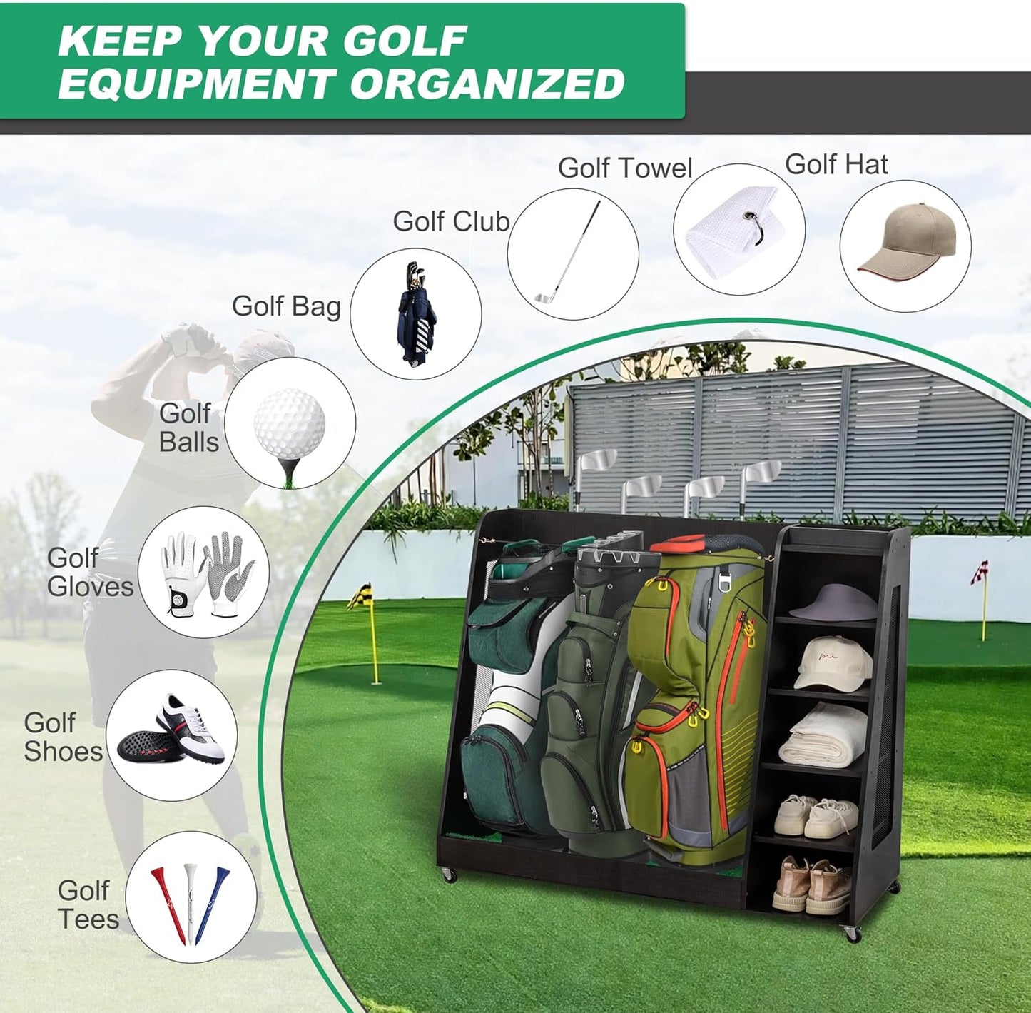 Golf Bag Organizer Storage Rack Stand Holder Fits 2 Extra Large Golf Club Bags and Multiple Golfing Equipment Accessories for Garage Home Simulator and Office