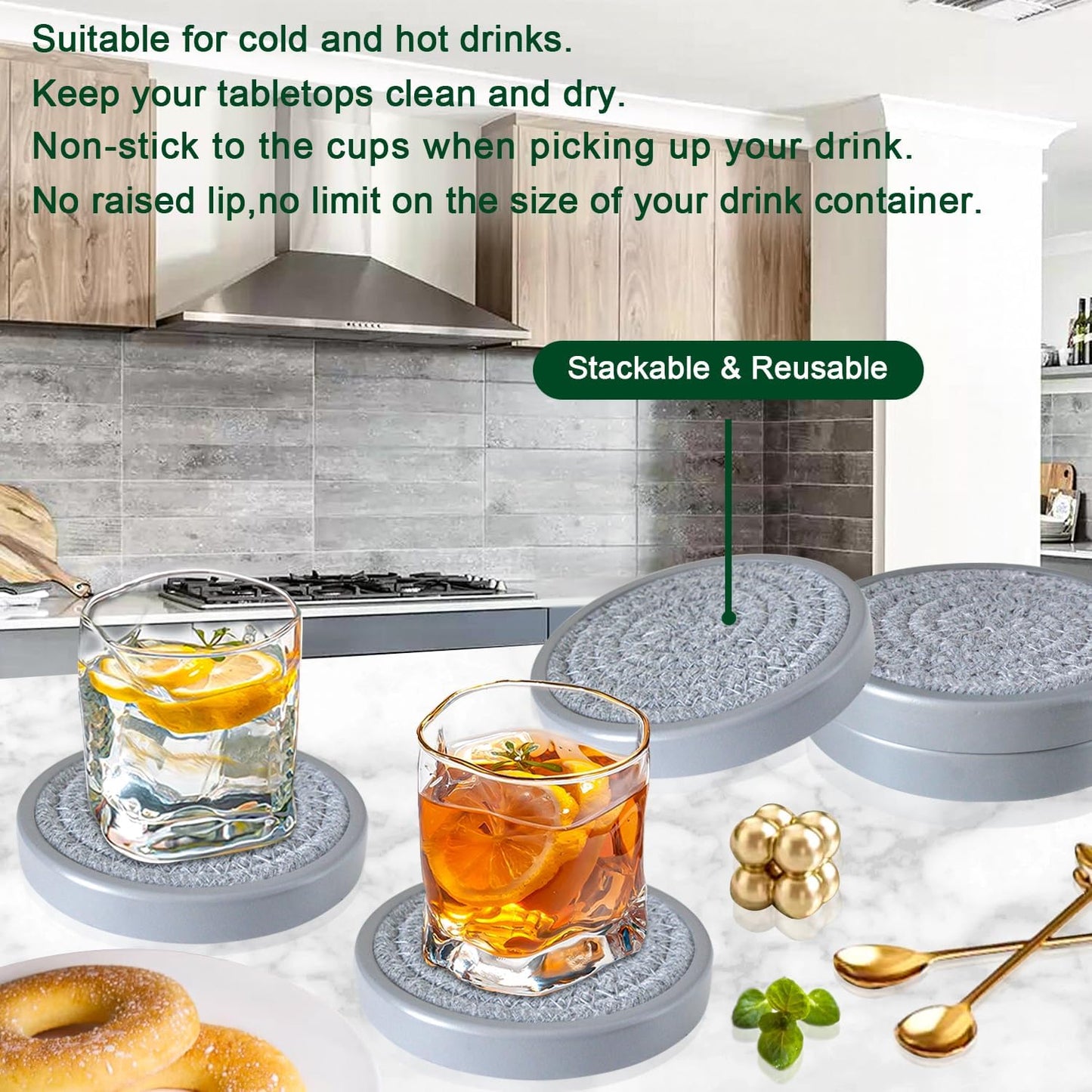 Drink Coasters Set of 5, Coasters for Drinks Absorbent, Wood Coasters for Coffee Table, Housewarming Gift for Farmhouse Home Decor,4 inches (Gray)