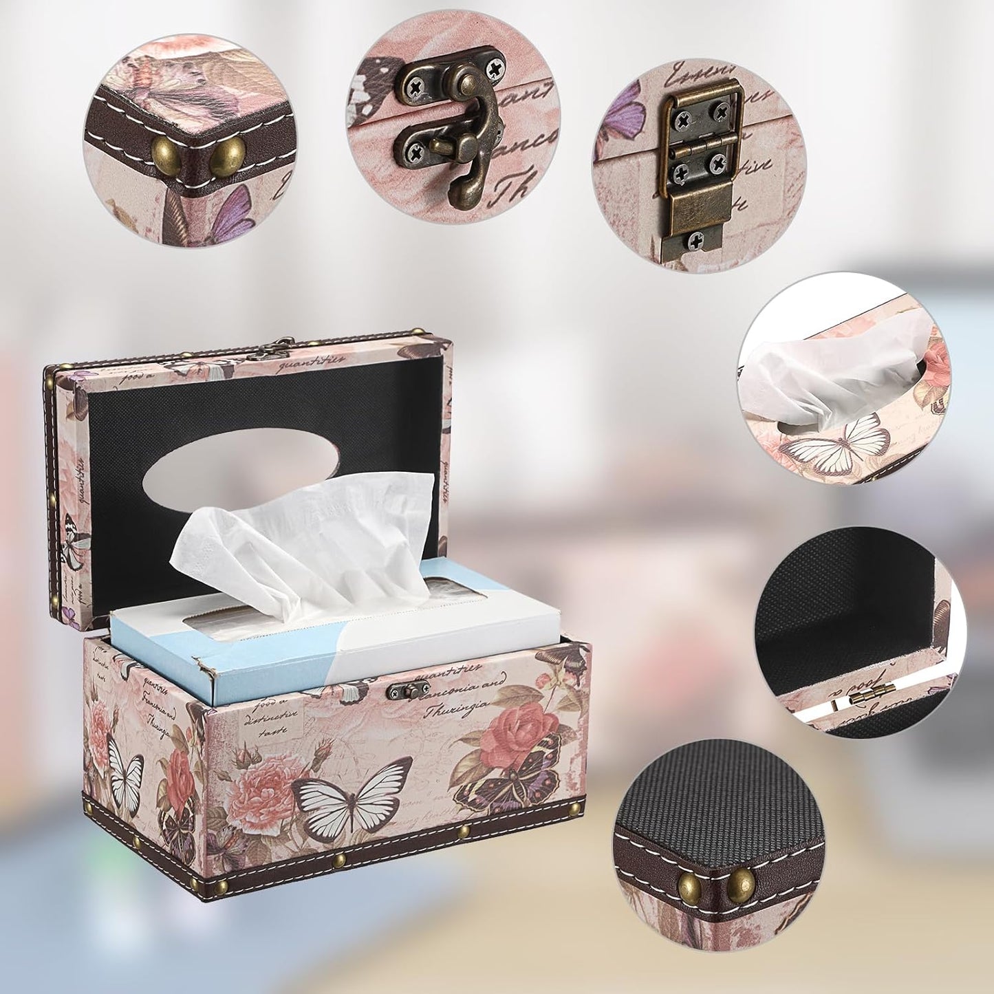 Sumnacon Tissue Box Cover Rectangle Wood Tissue Box with Hinged Lid,Vintage PU Tissue Box Holder Retro Pink Tissue Cover for Bathroom Toilet Bedroom Kitchen Office Table Desk, Large