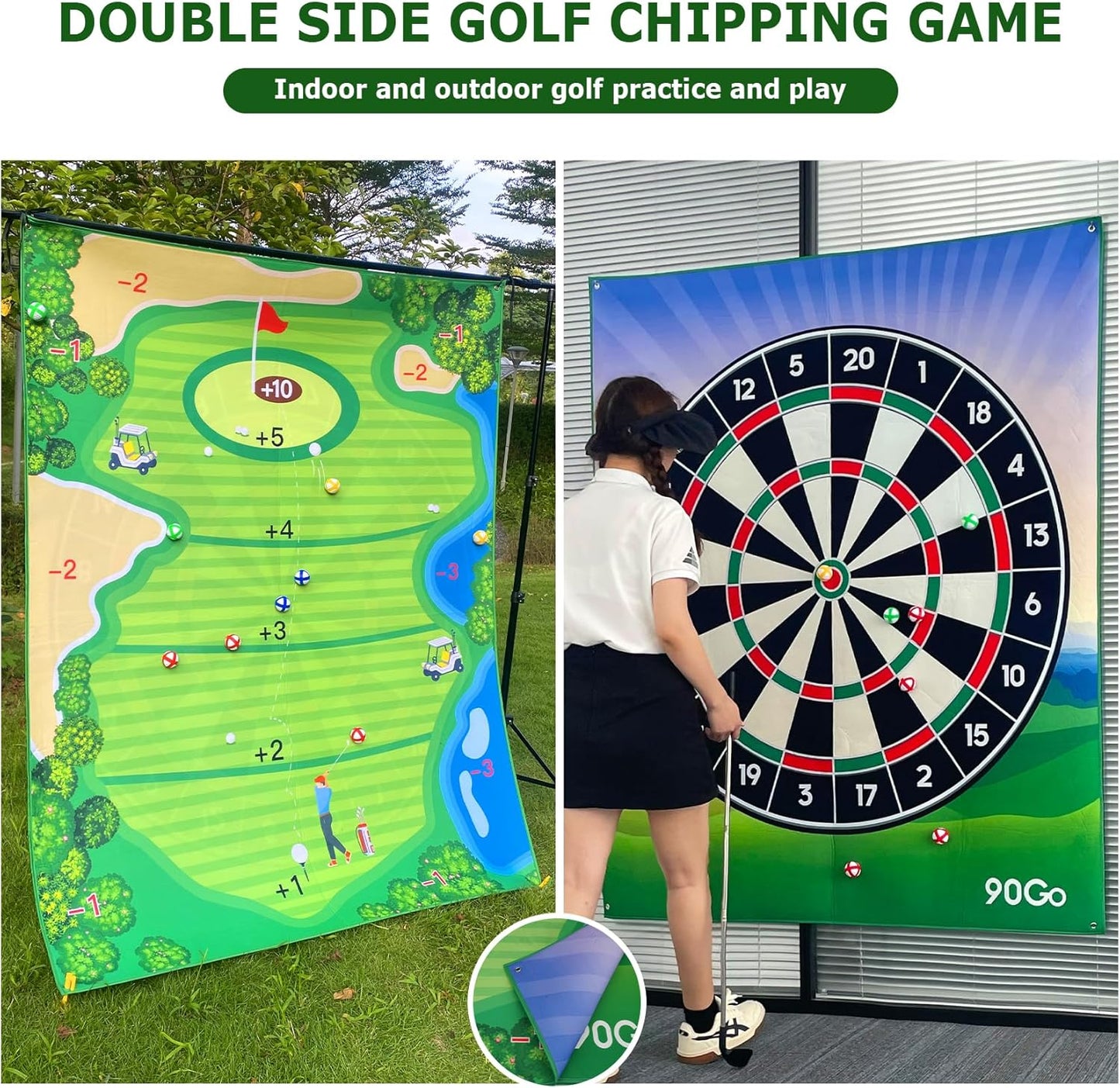 Double-Sided Chipping & Dart Game Mat Set with Golf Club, 20 Sticky Balls, 6Ft x 5Ft Supersize Game Training Mat, Ideal Indoor & Outdoor Gifts for Adults, Family, and Kids Play