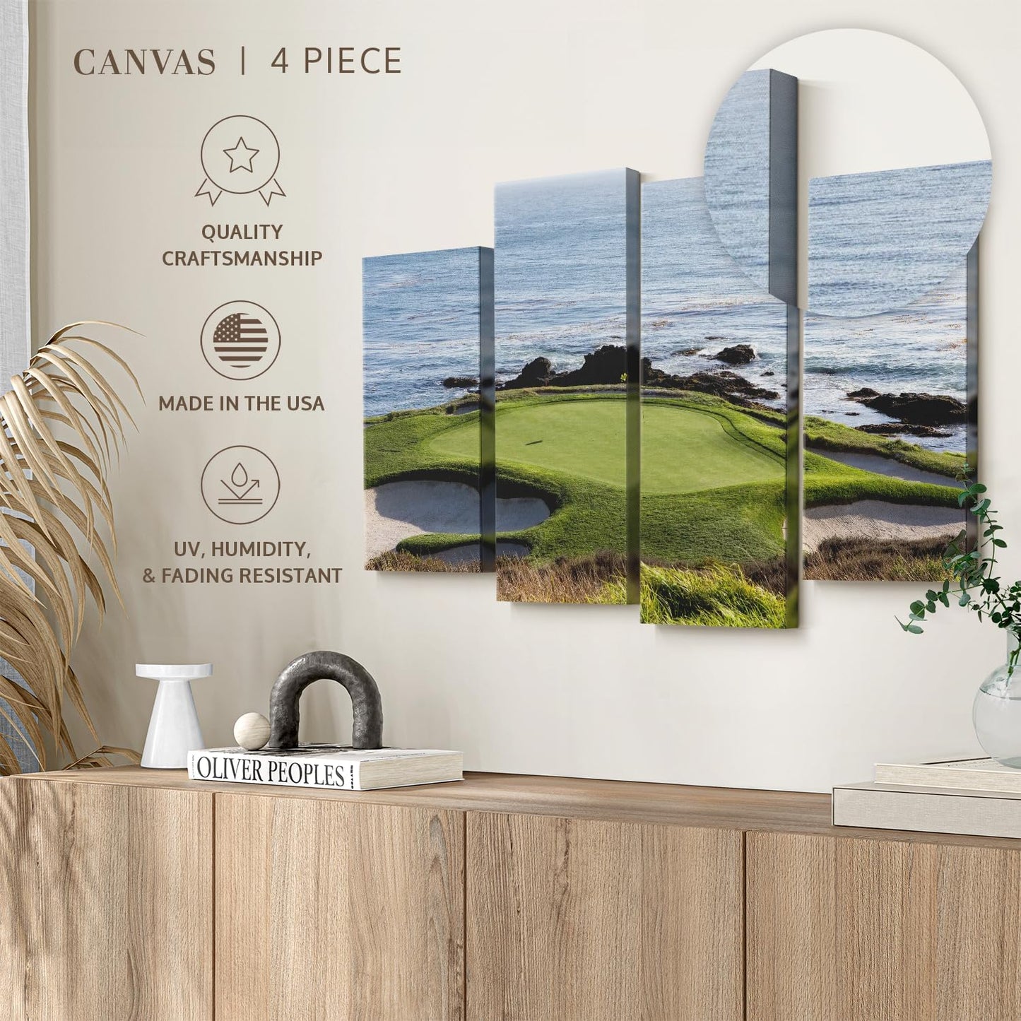 Elephant Stock Pebble Beach Golf Turf Wall Art - Horizontal Canvas - 4-Piece Hallway Wall Decor - Photographic Canvas Print - Brown and Blue Decor for Wall - 68" X 42"