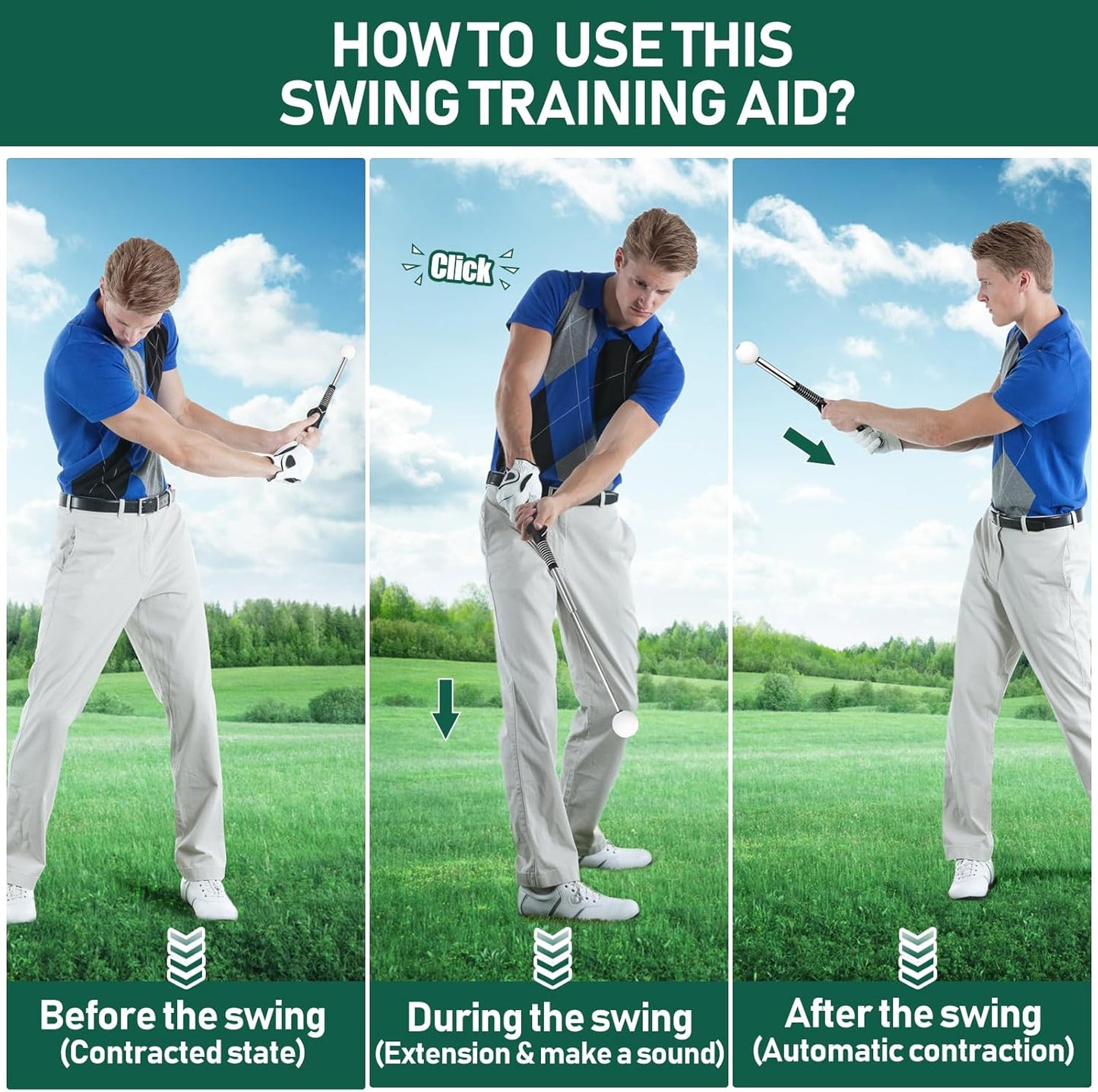 Golf Grip Swing Training Aid - Retractable Click Club Trainer Indoor Practice Warm Up Stick Flexible Telescopic Short Club Tempo Sound Release Trainer Devices