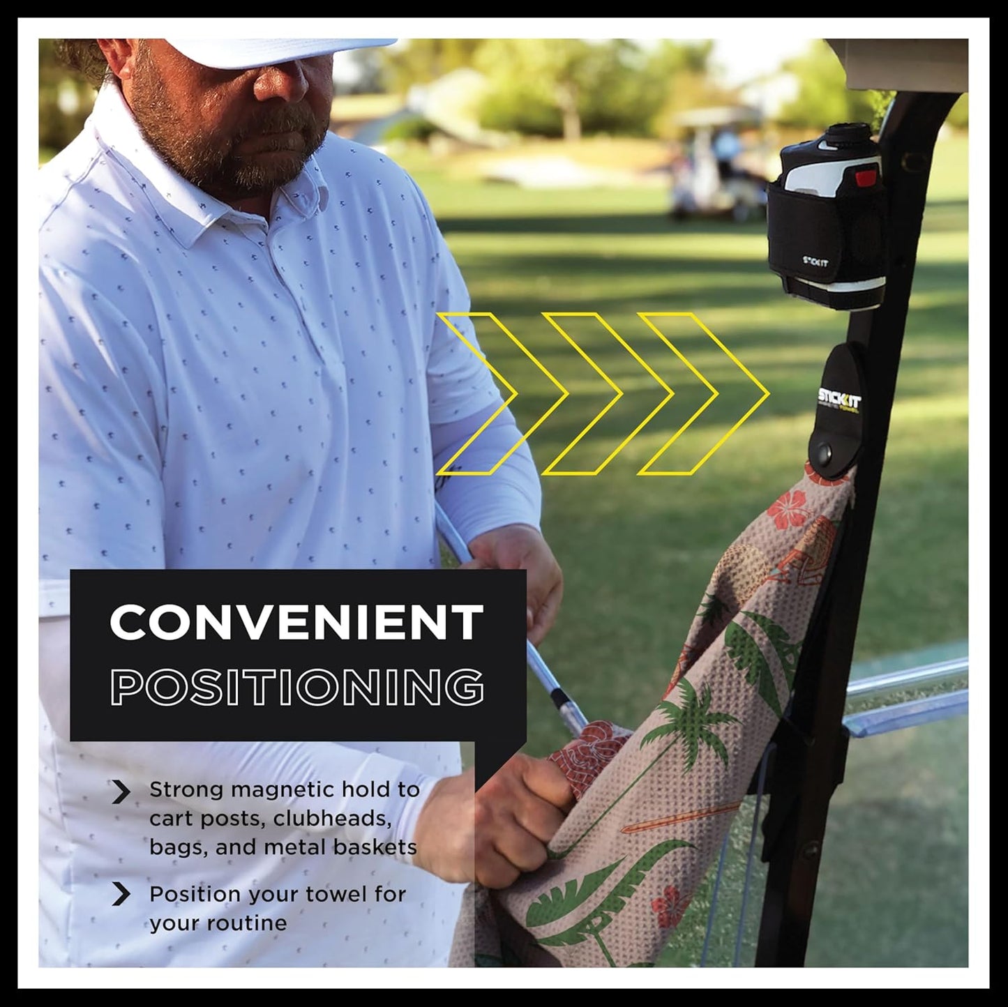 STICKIT Magnetic Sandy Tiki Golf Towel | Top-Tier Microfiber Golf Towel with Deep Waffle Pockets | Industrial Strength Magnet for Strong Hold to Golf Carts or Clubs