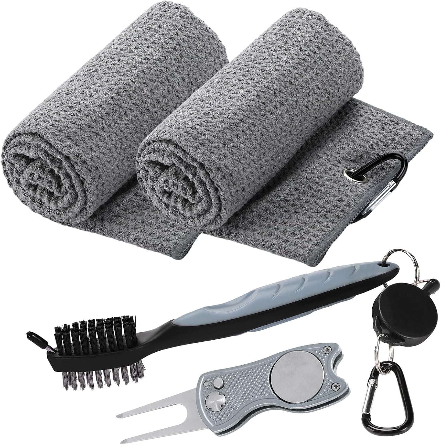 Aulock Golf Towel and Brush Set -16" X 24" Microfiber Towels with Carabiner Clip, Men Cleaning Kit with Golf Club Brush (2 Grey Towel + 1 Brush + Golf Divot Tool)