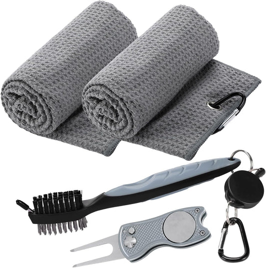 Aulock Golf Towel and Brush Set -16" X 24" Microfiber Towels with Carabiner Clip, Men Cleaning Kit with Golf Club Brush (2 Grey Towel + 1 Brush + Golf Divot Tool)