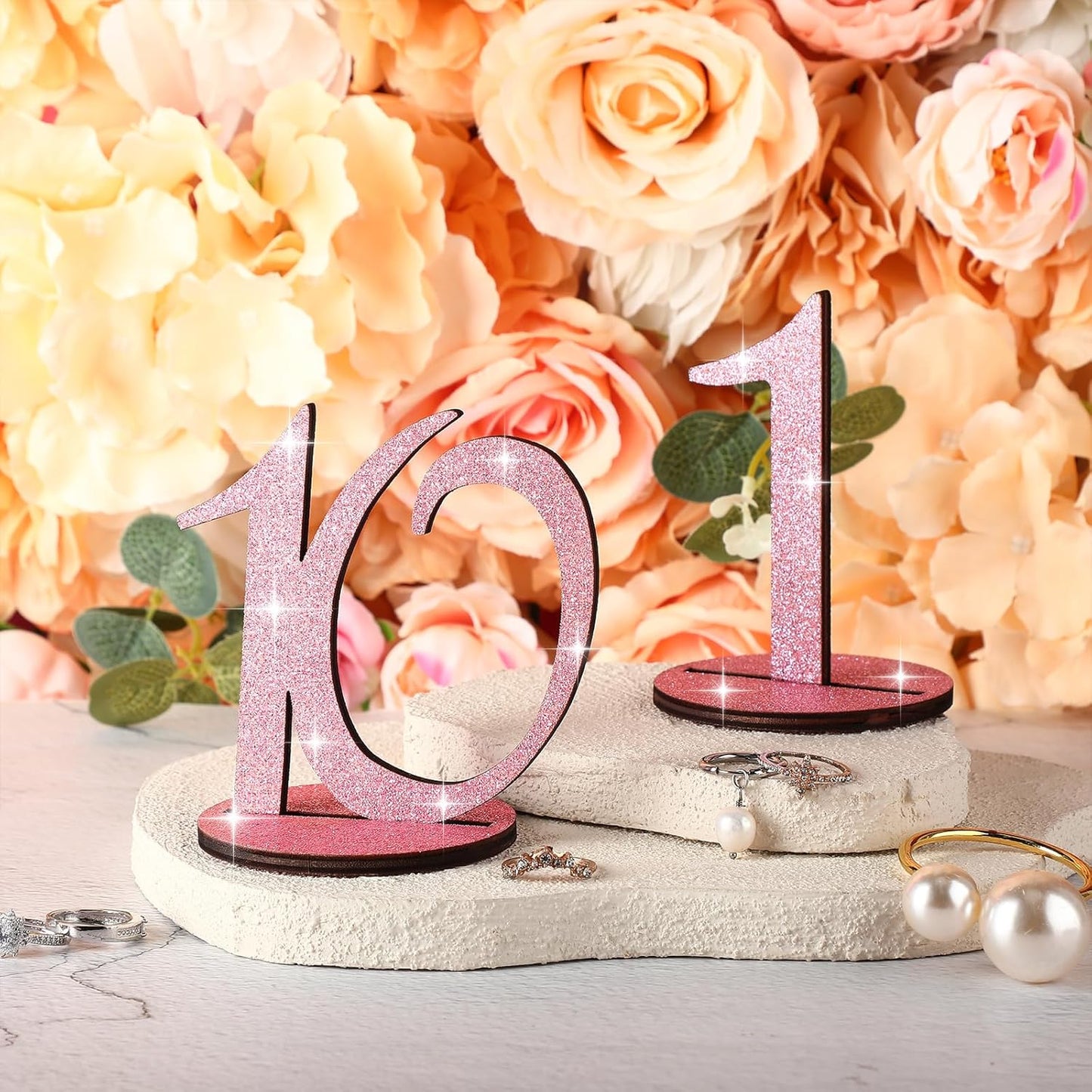 Glitter Table Numbers 1-25 Wooden Table Numbers for Wedding Reception Standing Seat Place Cards with Holder Base for Wedding Party Event Catering Receptions Banquets(Rose Gold)