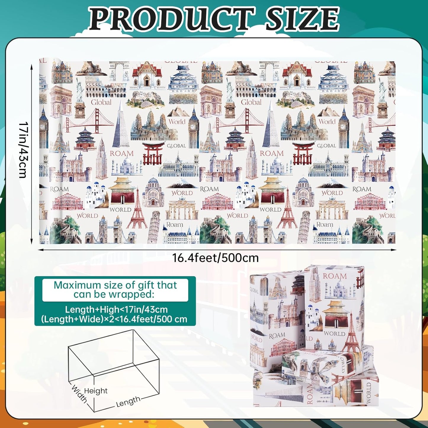 Pineraap World Landmark Wrapping Paper Roll - 17Inch x16.4Feet - Eiffel Tower,Big Ben,Statue of Liberty Themed Watercolor Gift Wrap for Travel Enthusiasts,Holidays,Birthdays