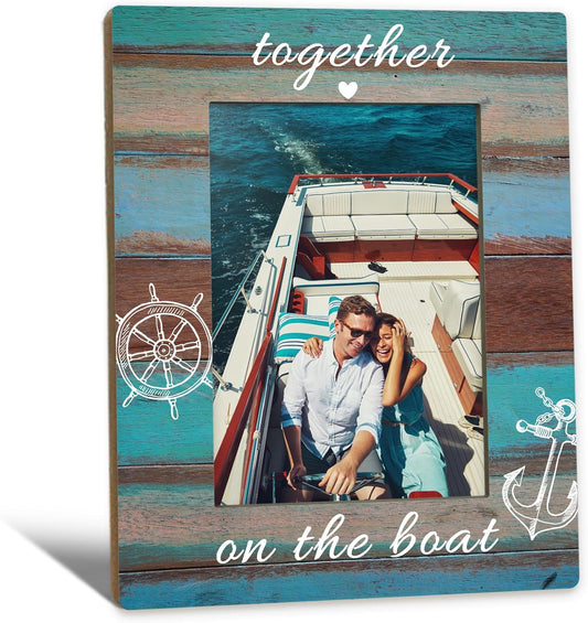 Boat Gifts Picture Frame 5x7, Couples Boating Photo Frame, Boating Gifts for BoatOwner Couples Friends, Together on the Boat Nautical Wooden Picture Photo Frames for Desk Home Room Decor